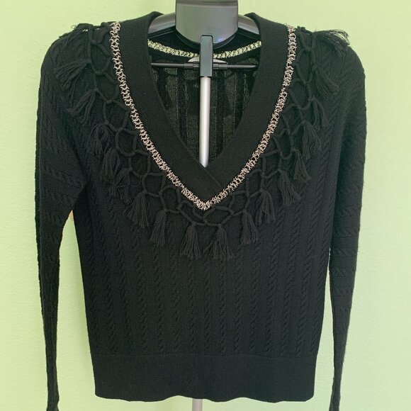 Jonathan Simkhai Cable Knit Black Sweater sz XS 100% wool Metal Rings Tassels V - Picture 1 of 15